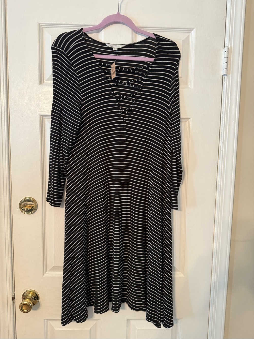 American Eagle Outfitters Black and White Striped Long Sleeve V-Neck Dress